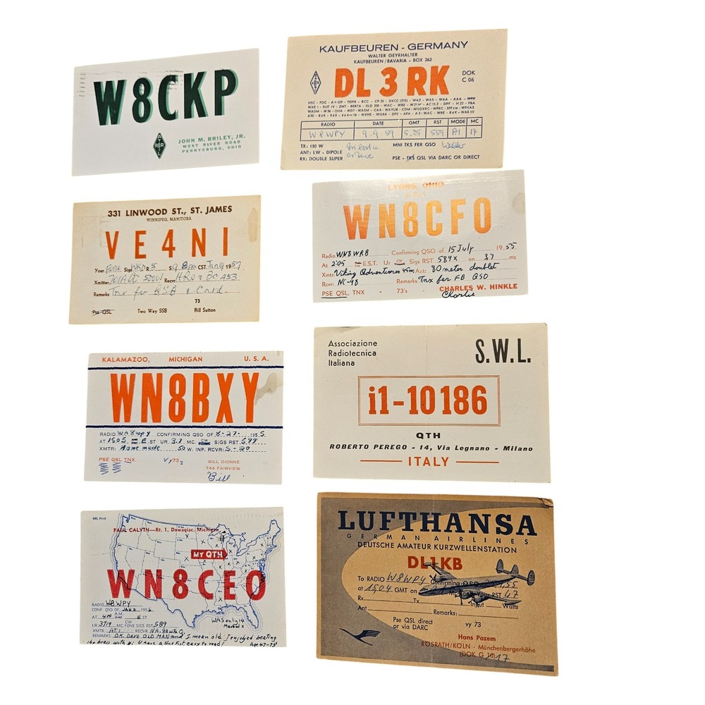 Lot of 8 Vintage 1950s Milano Italy,‎ USA, Germany Amateur Radio QSL Cards